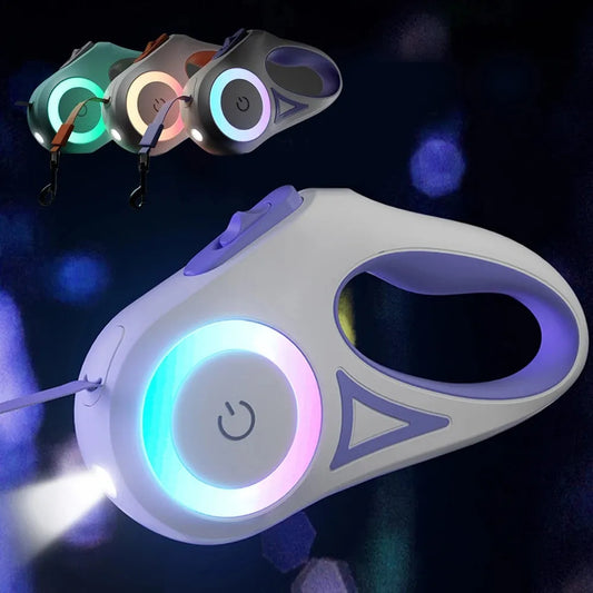 Trela Retrátil com Luz LED – Sistema de Travão à Mão e Anti-Enroscar para Cães/Gatos | Retractable Dog Leash with LED Light