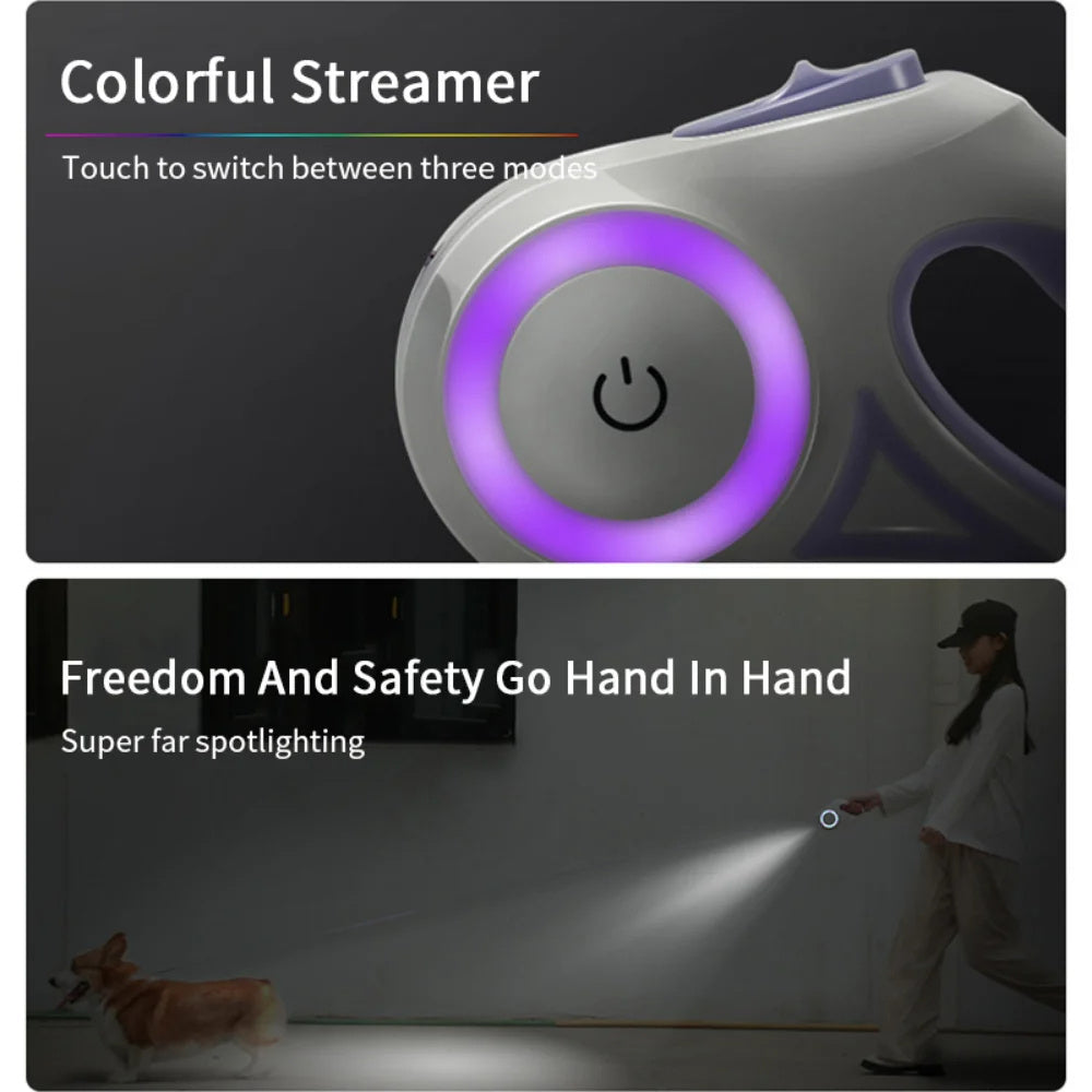 Trela Retrátil com Luz LED – Sistema de Travão à Mão e Anti-Enroscar para Cães/Gatos | Retractable Dog Leash with LED Light